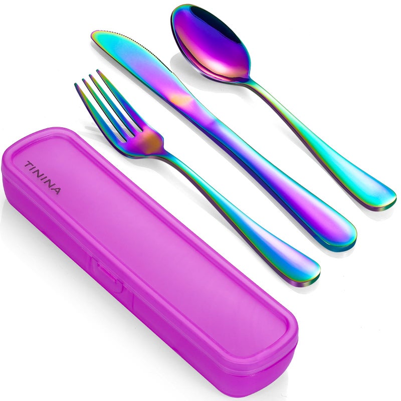 TININA Travel Utensils with Case  4-Piece Stainless Steel Portable Cutlery Set  Reinforced Case with Buckle Design  Lunch Box for Camping Work School  Include Fork Spoon Knife  Dishwasher Safe  Rainbow - Image 1